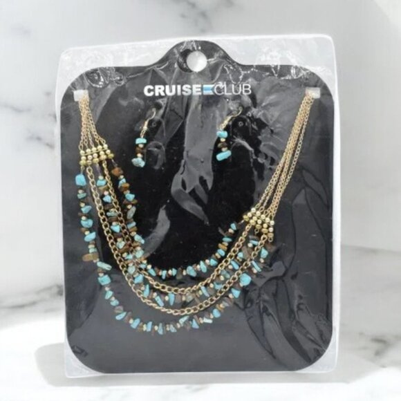 NWOT Cruise Club Turquoise & Tiger Eye Necklace & Earring Set - Picture 4 of 5